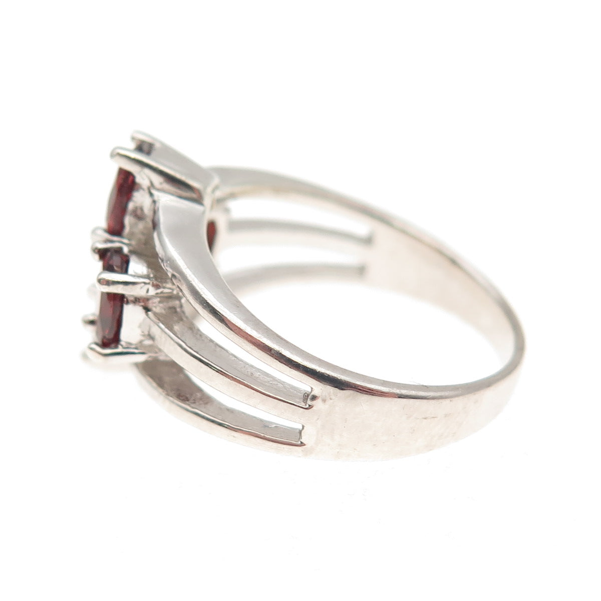 925 Sterling Silver Vintage Real Oval-Cut Red Garnet 3-Row Ring Size 7.5