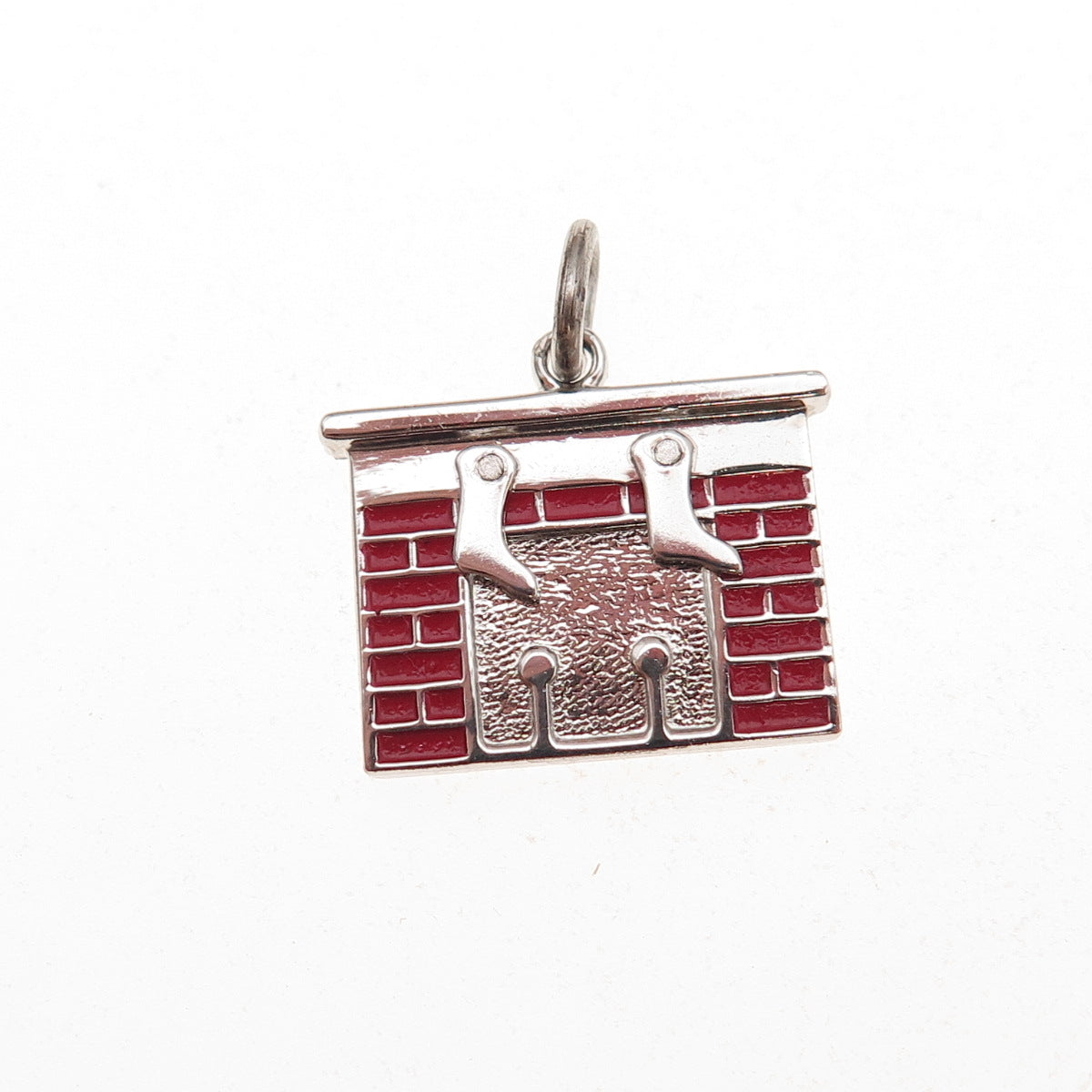 Wells 925 Sterling Silver Vintage Enamel Merry Christmas Fireplace Charm Pendant