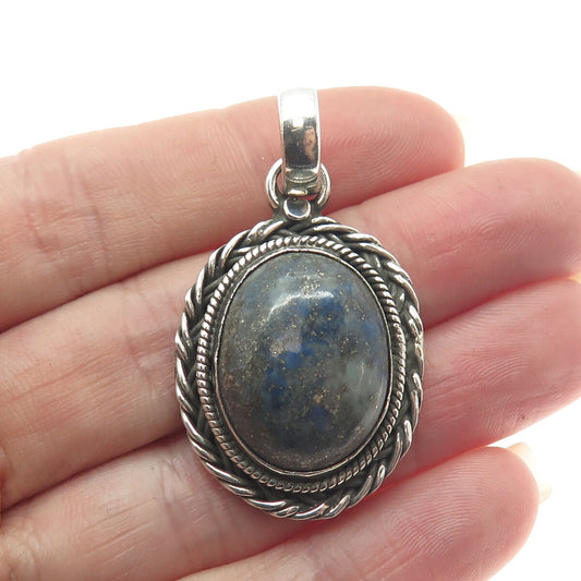 925 Sterling Silver Vintage Real Cabochon Lapis Lazuli Roped Oxidized Pendant