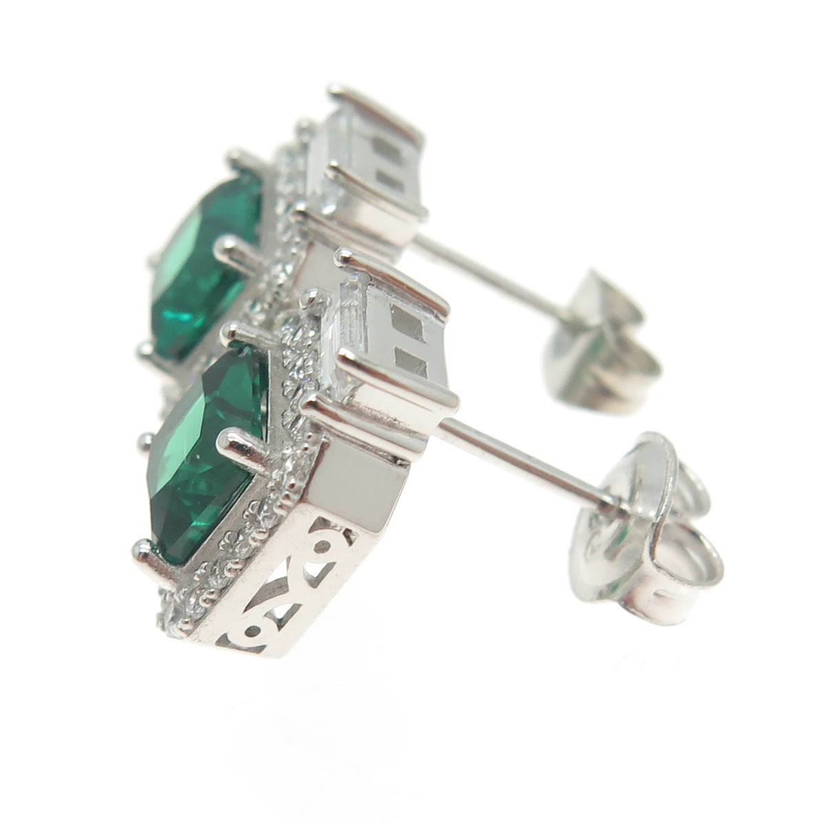 925 Sterling Silver Princess-Cut Nano Emerald & Multi-Cut C Z Earrings