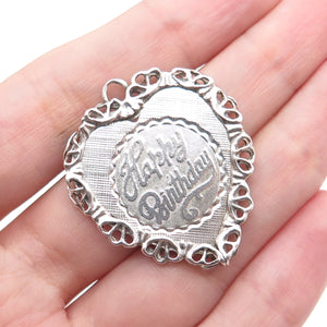 925 Sterling Silver Vintage Happy Birthday Heart Charm Pendant