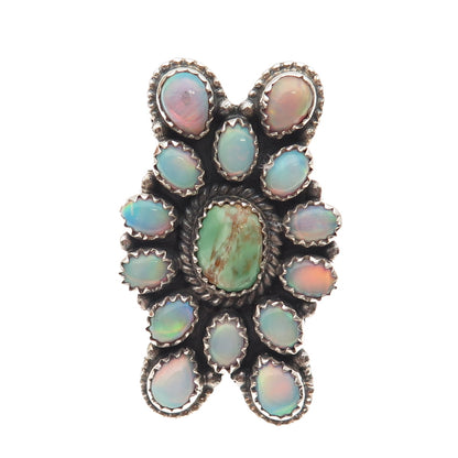 925 Sterling Silver Vintage Real Turquoise & Opal Adjustable Ring Size 7.5