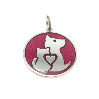 925 Sterling Silver Pink Enamel Dog & Cat Friendship Minimalist Charm Pendant