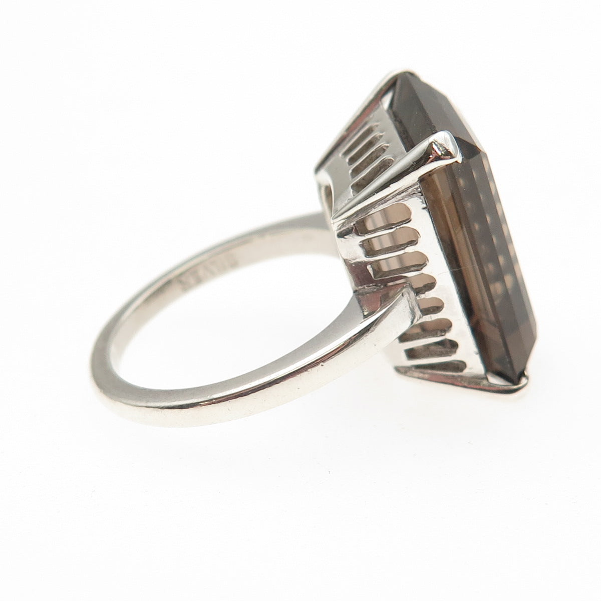 925 Sterling Silver Vintage Real Emerald-Cut Smoky Quartz Ring Size 6