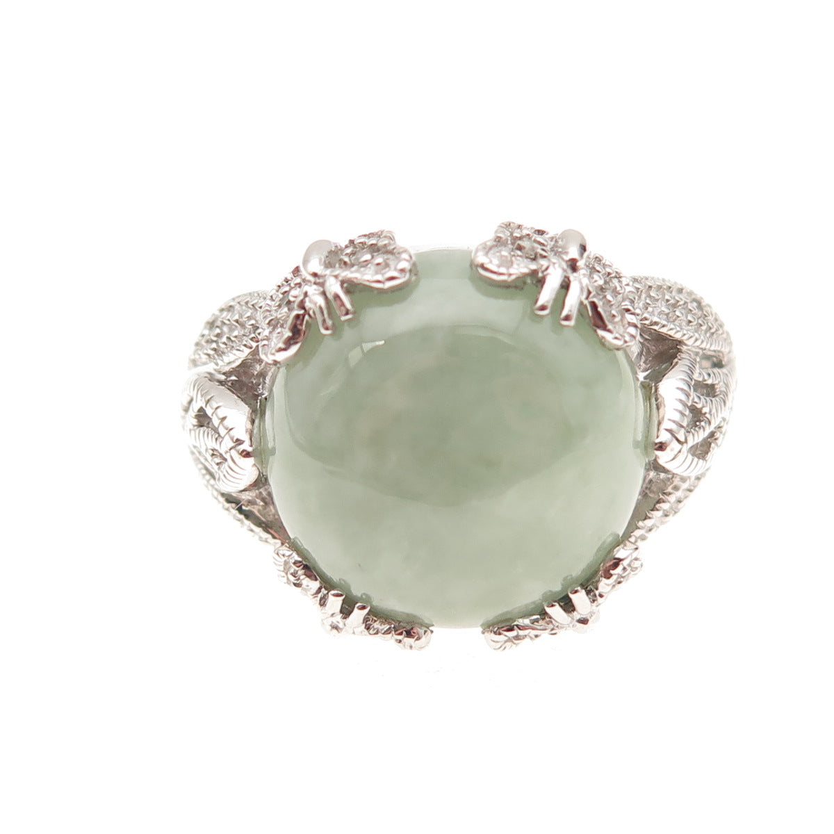 925 Sterling Silver Real Round-Cut Diamond & Jade Floral Ring Size 8.25