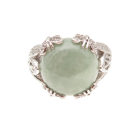 925 Sterling Silver Real Round-Cut Diamond & Jade Floral Ring Size 8.25