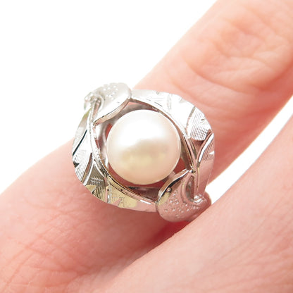 925 Sterling Silver Antique Art Deco Real Pearl Textured Ring Size 4