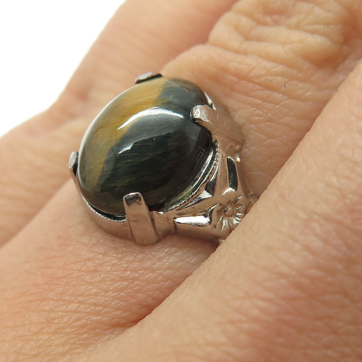 UNCAS 925 Sterling Silver Antique Art Deco Real Tiger Eye Gemstone Ring Size 5.5