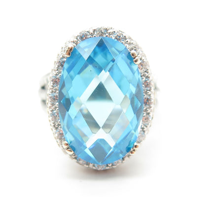 925 Sterling Silver Oval-Cut Blue & Round White C Z Statement Ring Size 8.25