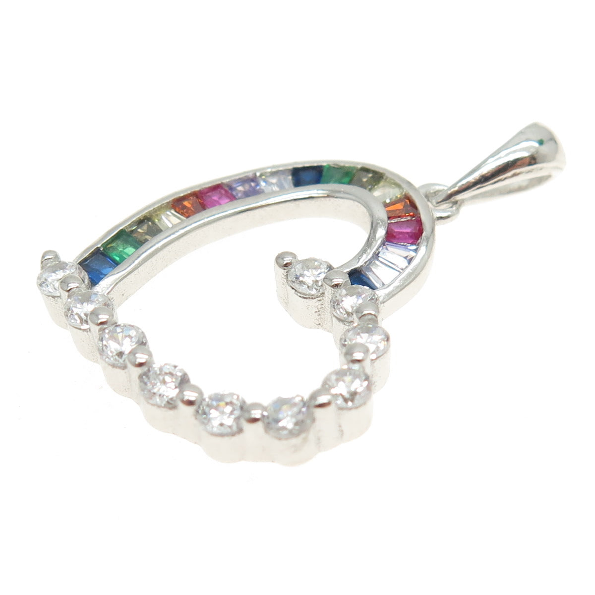 925 Sterling Silver Tapered Baguette & Round-Cut Multi-Color C Z Heart Pendant