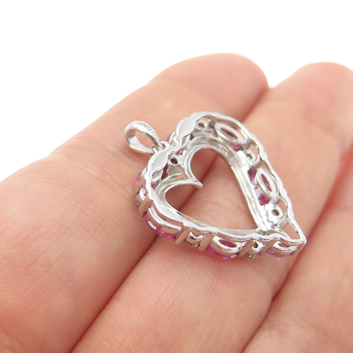 SAI 925 Sterling Silver Real Pink Sapphire & White Topaz Heart Charm Pendant