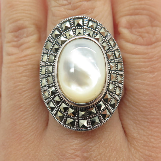 CHATEAU D'ARGENT 925 Sterling Silver Vintage Real MOP Marcasite Ring Size 10.25