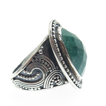 DSMK 925 Sterling Silver Vintage Real Emerald Granulated Oxidized Ring Size 6.5