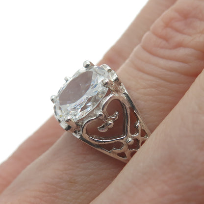 925 Sterling Silver Oval-Cut Shaped C Z Ornate Heart Ring Size 6.5