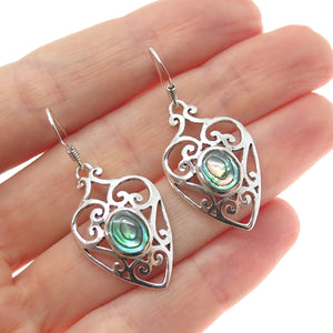 925 Sterling Silver Vintage Real Abalone Shell Ornate Heart Dangle Earrings