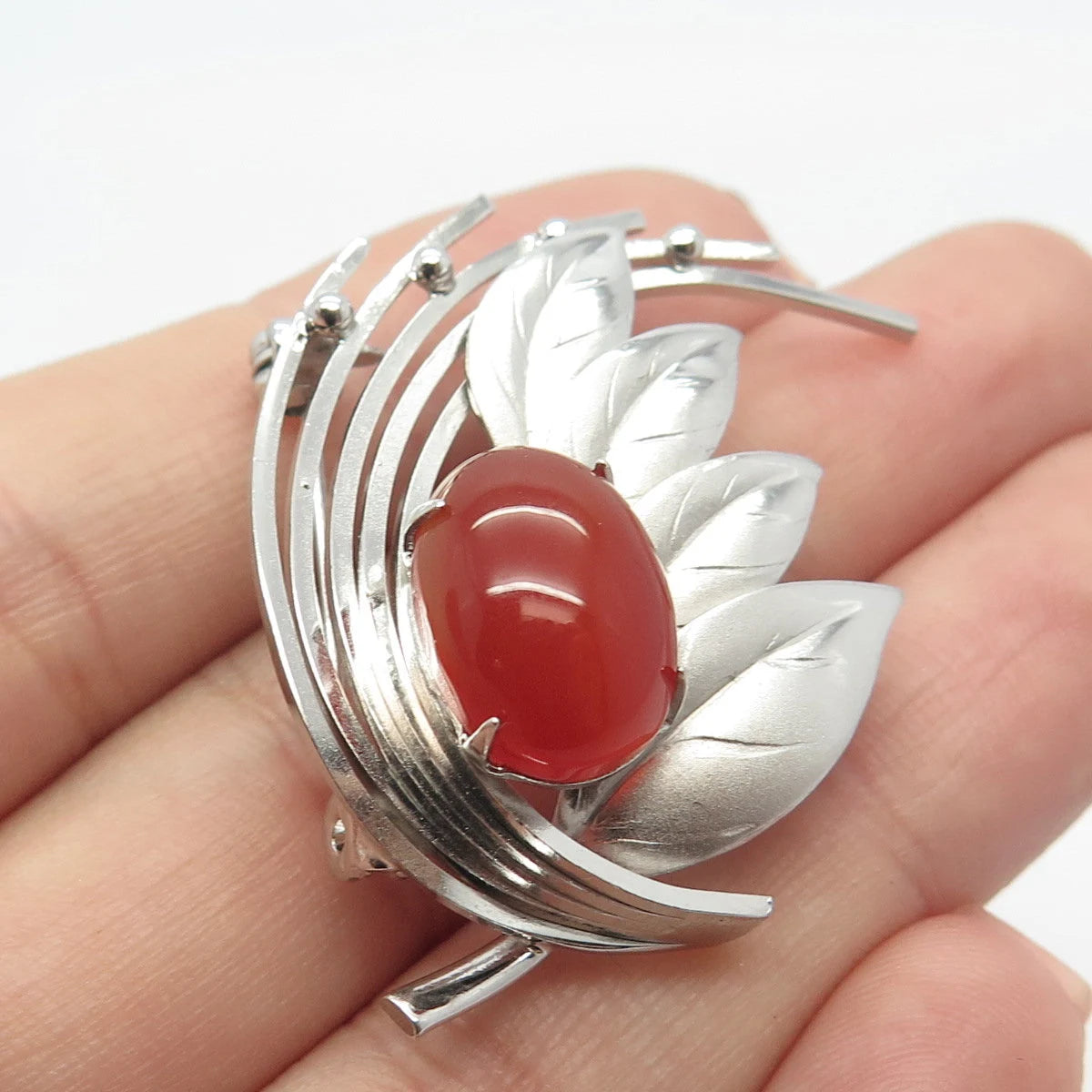 Silver-Tone Antique Real Carnelian Gemstone Leaf Pin Brooch