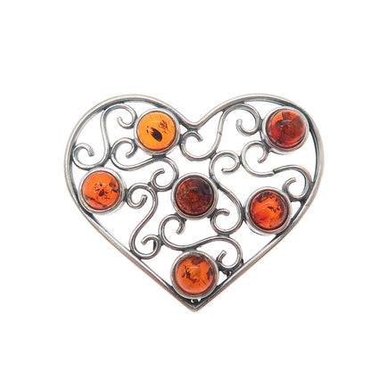 925 Sterling Silver Vintage Real Amber Modernist Swirl Heart Slide Pendant
