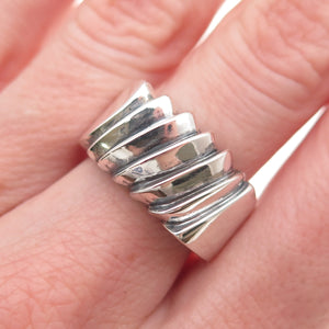 925 Sterling Silver Vintage Modernist Ribbed Oxidized Ring Size 7.75