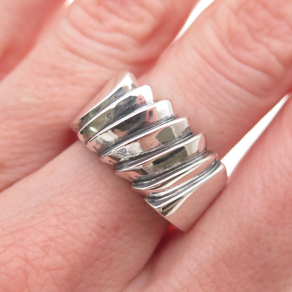 925 Sterling Silver Vintage Modernist Ribbed Oxidized Ring Size 7.75