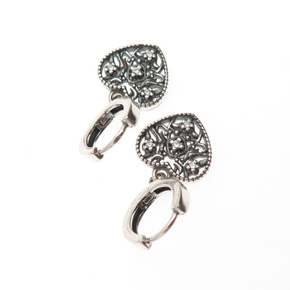 925 Sterling Silver Round-Cut C Z Oxidized Heart Dangle Charm Hoop Earrings