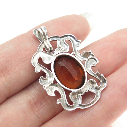 830 Silver Antique Art Deco European Real Oval-Cut Citrine Repousse Pendant