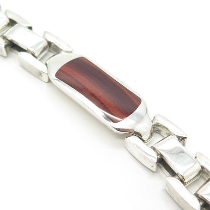 925 Sterling Silver Vintage Real Red Tiger Eye & Black Spinel Gem Bracelet 7.75"