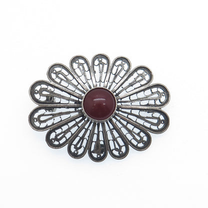 925 Sterling Vintage Israel Real Carnelian Filigree Flower Oxidized Pin Brooch