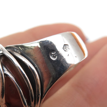 925 Sterling Vintage Spain Real Pearl & Agate Modernist Adjustable Ring Size 7.5