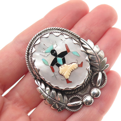 L.H. Lonjose Zuni Old Pawn Sterling Turquoise Coral Onyx MOP Warrior Pin Pendant