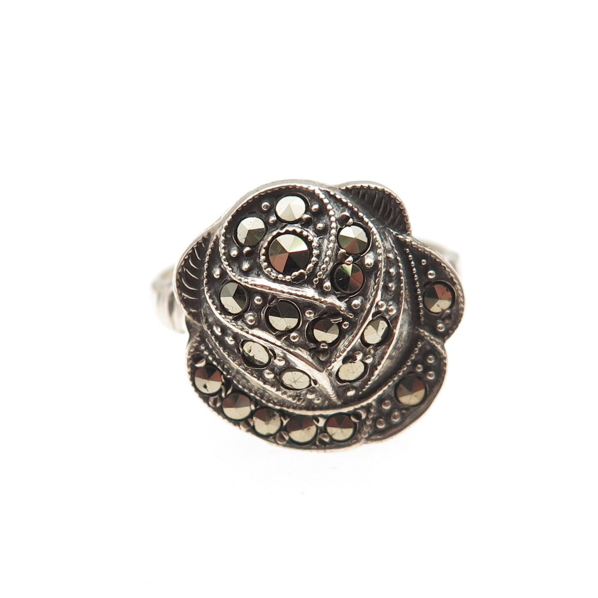 Uncas Sterling Silver Antique Art Deco Real Marcasite Rose Flower Ring Size 7