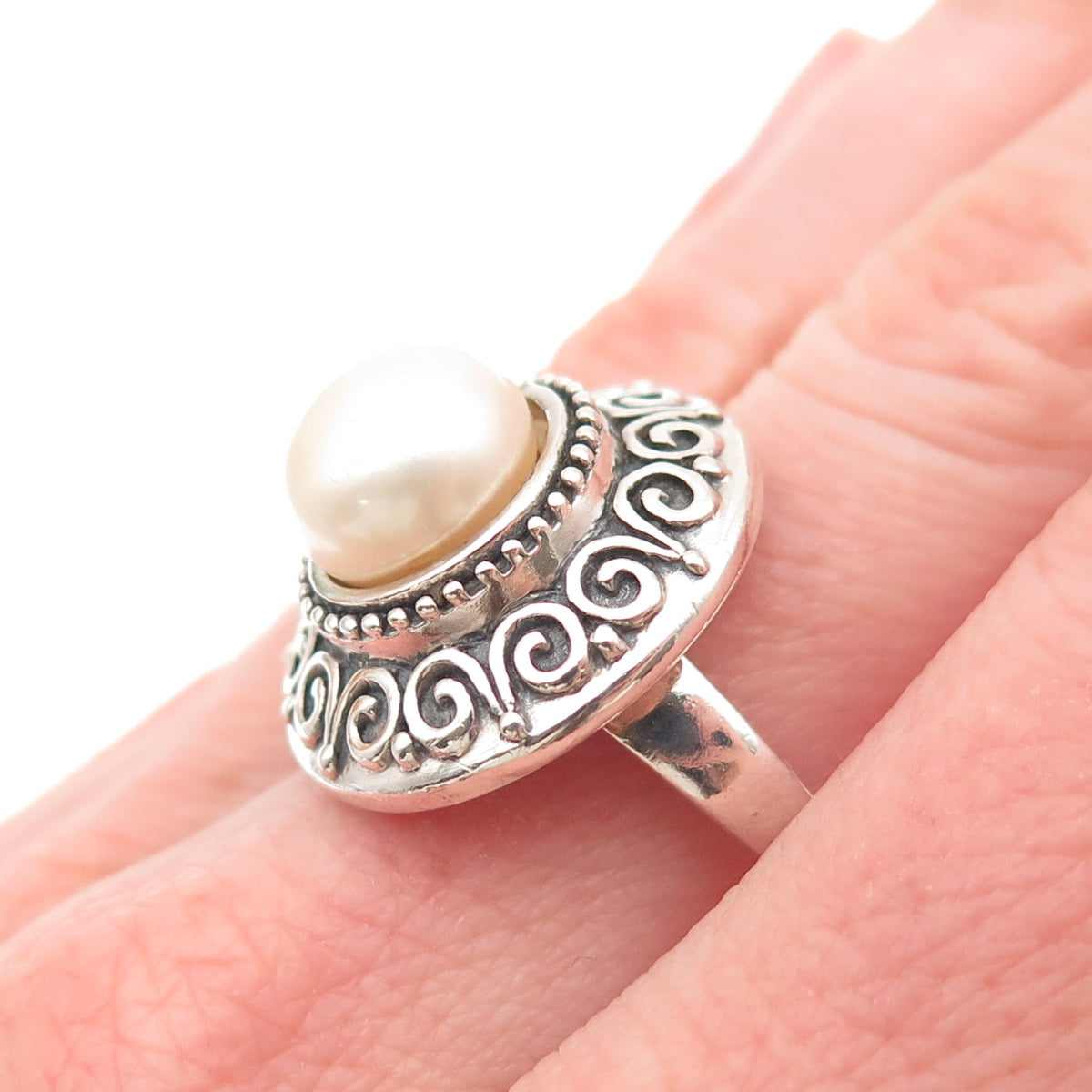CHAPAL ZENRAY Sterling Silver Vintage Real Pearl Swirl Oxidized Ring Size 7.25