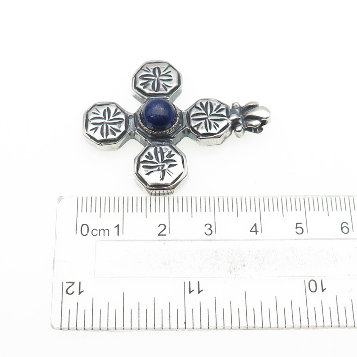 925 Sterling Silver Vintage Real Lapis Lazuli Cross Oxidized Pendant