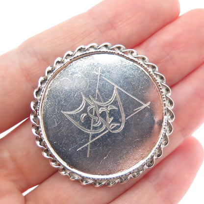 925 Sterling Silver Vintage Engraved Comedy & Tragedy Masks Pin Brooch