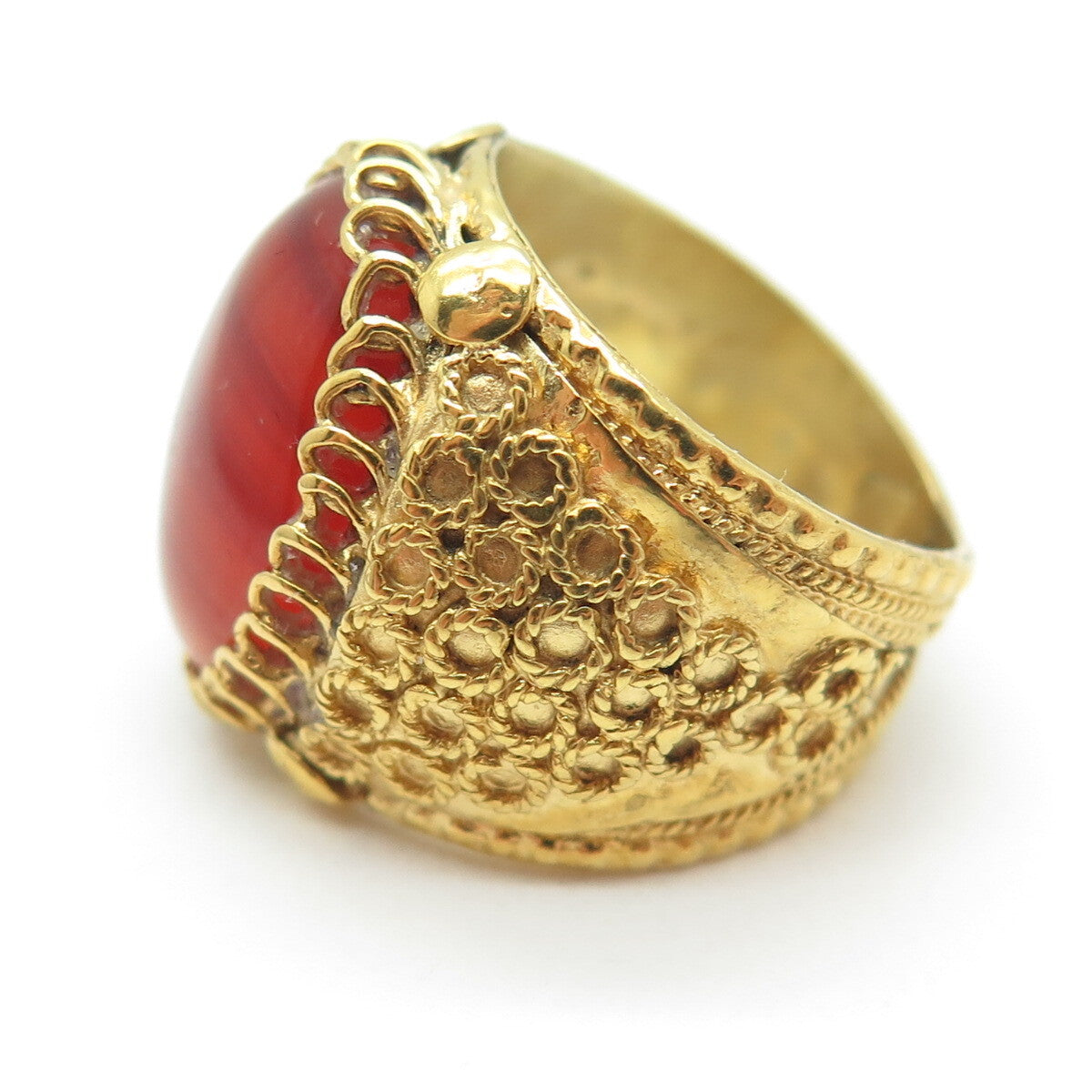 925 Sterling Silver Gold Plated Vintage Real Agate Circle Pattern Ring Size 5.25