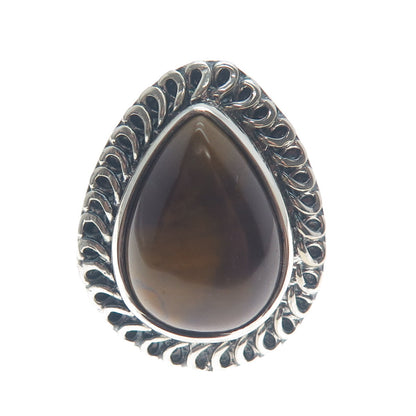925 Sterling Silver Vintage Real Pear-Cut Tiger Eye Oxidized Ring Size 8.5