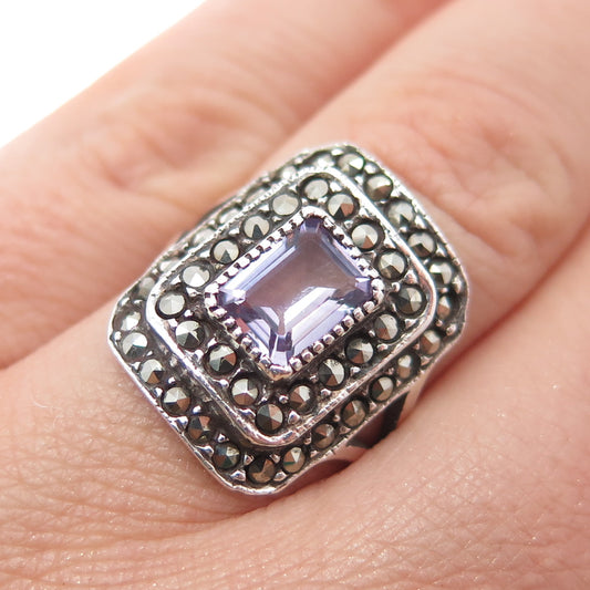 925 Sterling Silver Vintage Real Amethyst & Marcasite Oxidized Ring Size 6.5