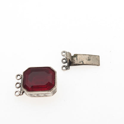 925 Sterling Silver Antique Art Deco Red Rhinestone Bracelet / Necklace Box Lock