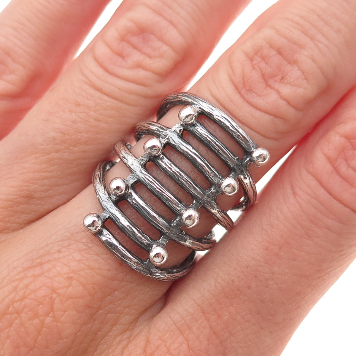 925 Sterling Silver Vintage Modernist 8-Row Oxidized Ring Size 7