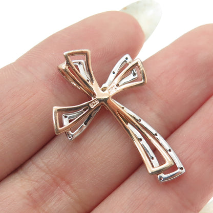 925 Sterling Silver 2-Tone Real Round-Cut Diamond Cross Slide Pendant