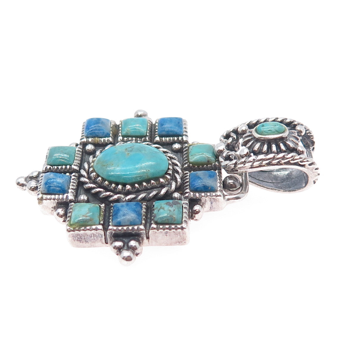 925 Sterling Silver Vintage Real Turquoise & Denim Lapis Cross Charm Pendant