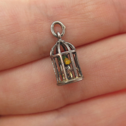 925 Sterling Silver Antique Enamel Bird Cage Oxidized Minimalist 3D Pendant