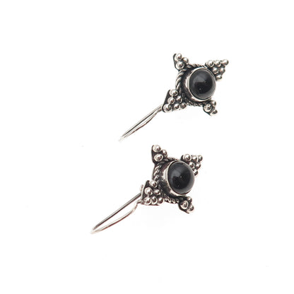 925 Sterling Silver Vintage Real Black Obsidian Cross Beaded Earrings