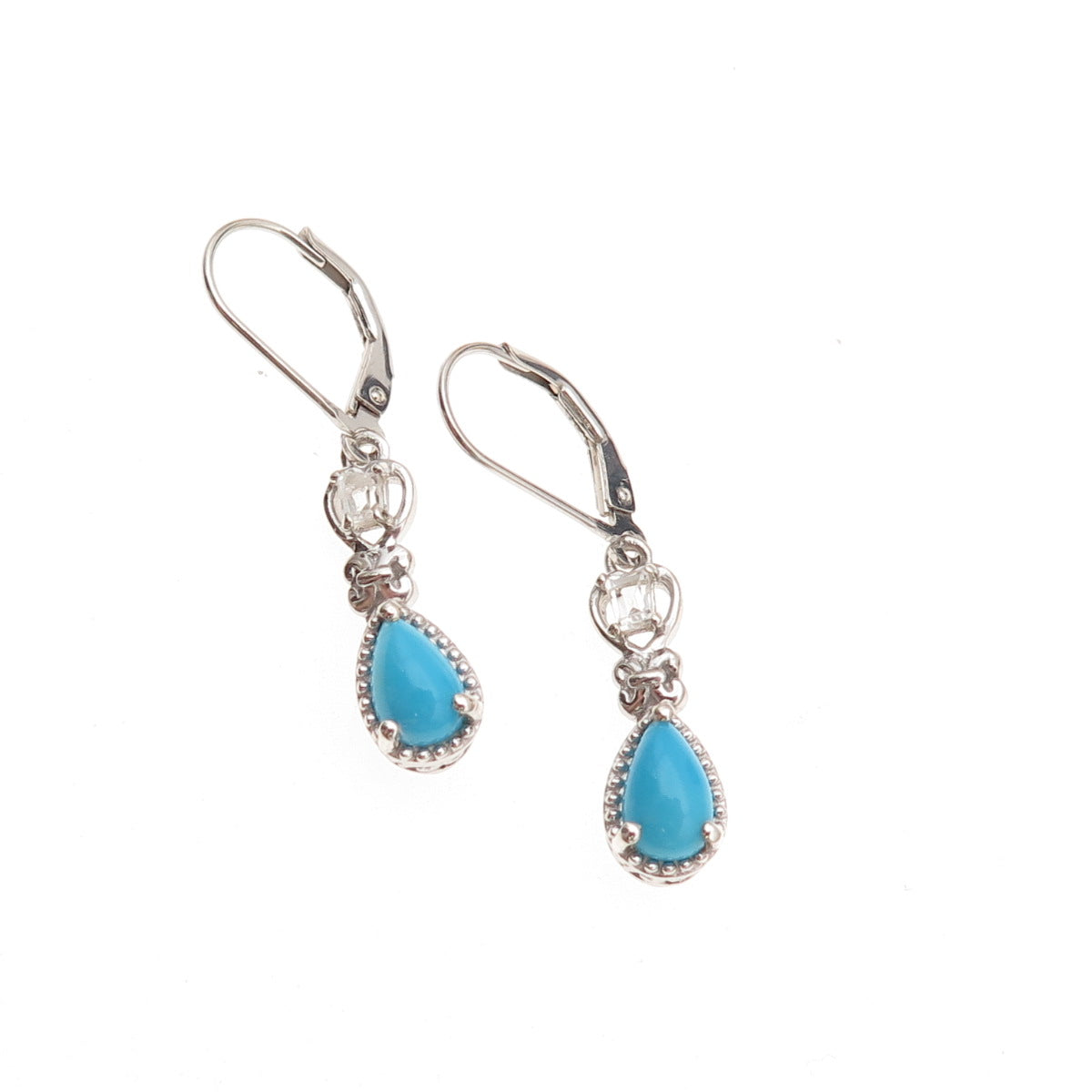 Chuck Clemency 925 Sterling Silver Real Turquoise & White Topaz Dangle Earrings