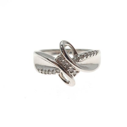 SUN 925 Sterling Silver Real Round-Cut Diamond Bypass Ring Size 7