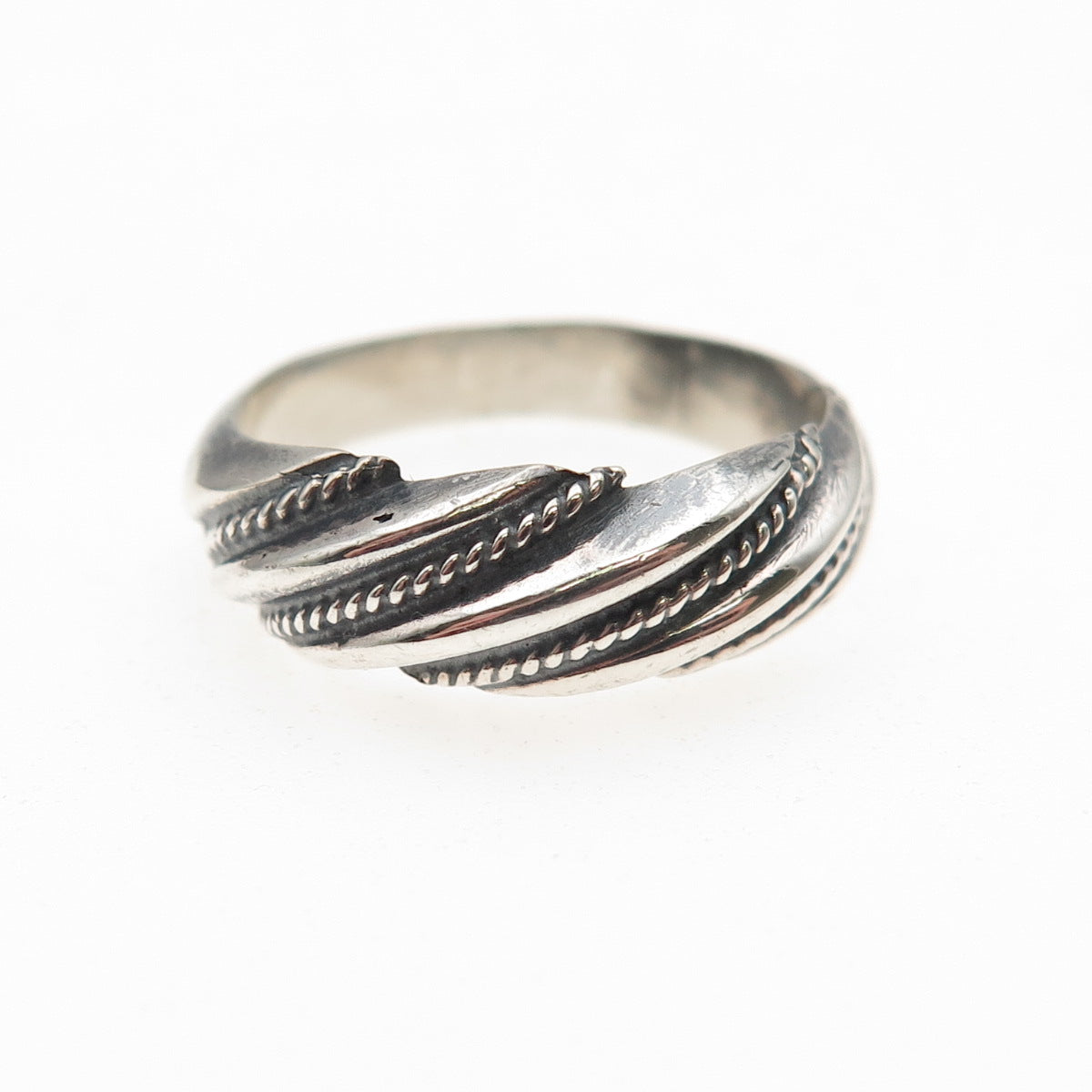 925 Sterling Silver Vintage European Modernist Ribbed Oxidized Ring Size 7