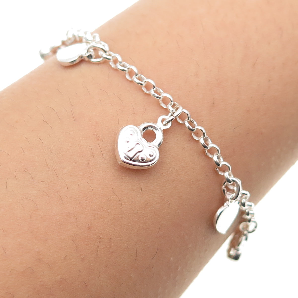 925 Sterling Silver Vintage Italy Heart Lock Dangle Charm Bracelet 6.75"