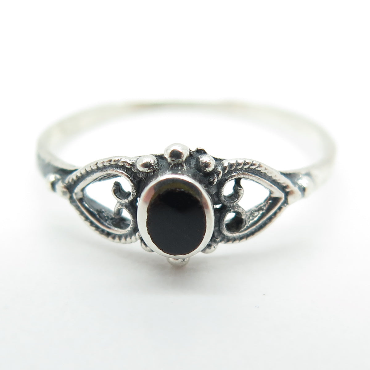 925 Sterling Silver Vintage Real Black Onyx Heart Ring Size 8.25