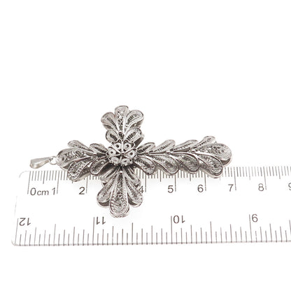 925 Sterling Silver Antique Art Deco Cross Floral Filigree Oxidized Pendant