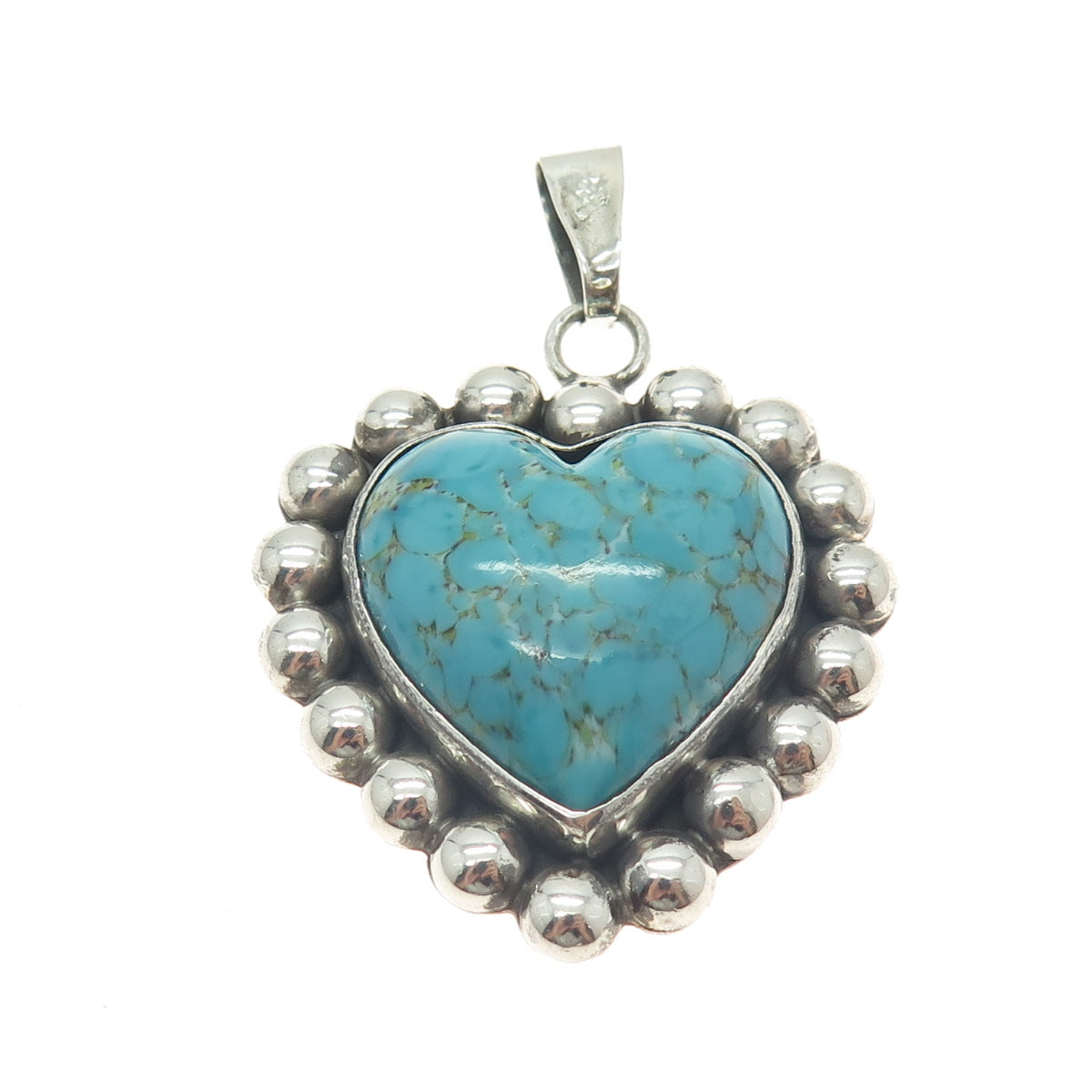 925 Sterling Silver Vintage Mexico Real Turquoise Heart Beaded Pendant