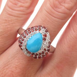 Chuck Clemency 925 Sterling Real Turquoise Red Garnet & White Topaz Ring Size 10